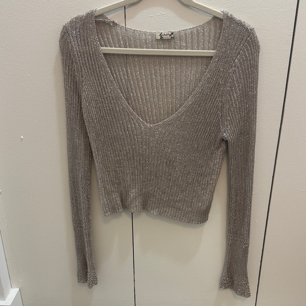 Free People Metallic Ribbed V-Neck Long Sleeve Top - Taupe Silver
